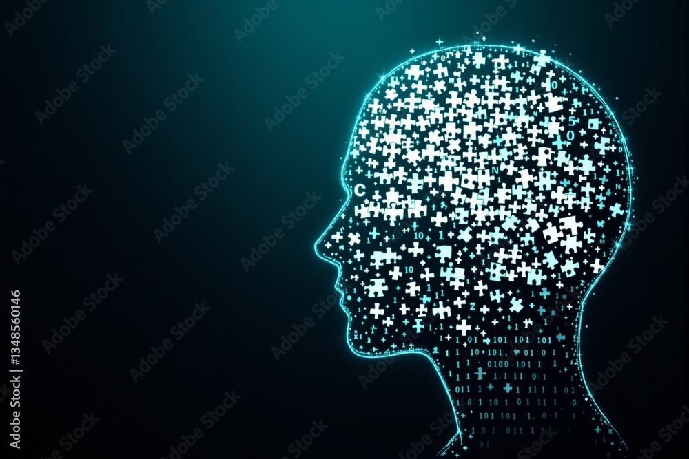 Aufkleber digital human head silhouette made of puzzle pieces and binary code.