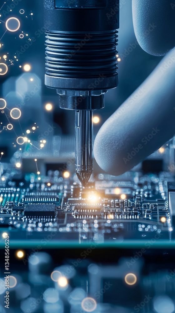 Poster engineer testing electronic circuit boards with precision tools, electronics quality control, compon