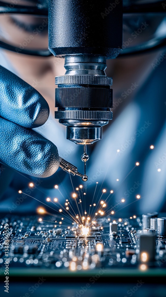 Poster engineer testing electronic circuit boards with precision tools, electronics quality control, compon