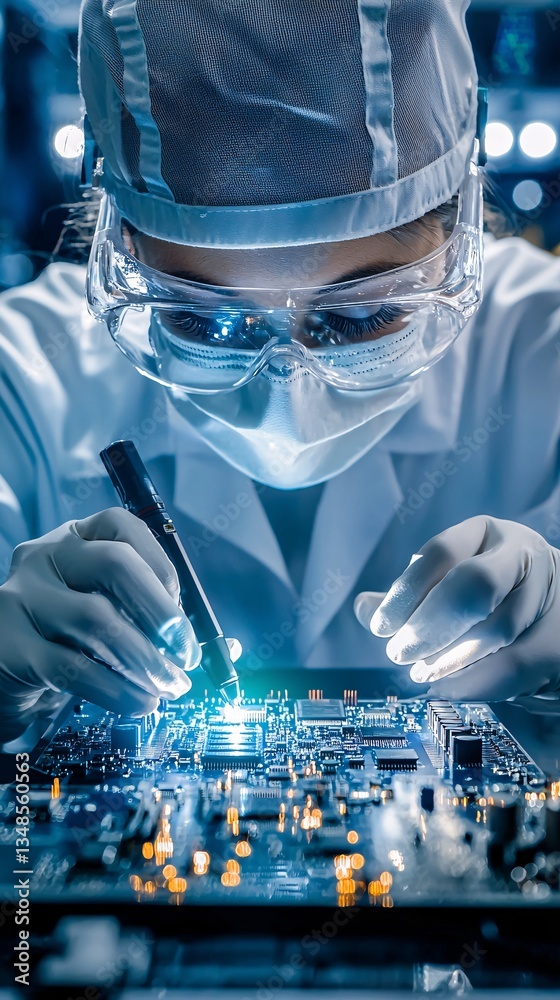 Poster engineer testing electronic circuit boards with precision tools, electronics quality control, compon