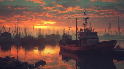 Fototapeta premium Misty harbor sunrise with fishing boats