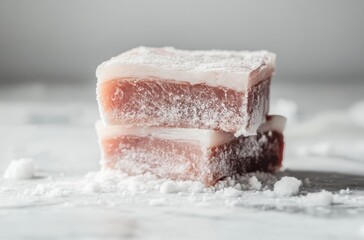 Fresh raw pork belly slices coated in white sea salt on a marble countertop showcasing culinary preparation for gourmet dishes and gourmet recipes