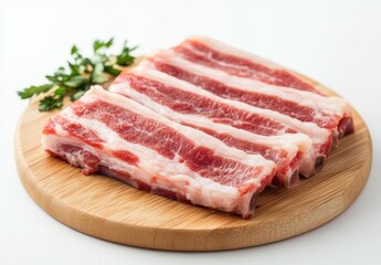 Fototapeta premium Fresh raw pork belly slices on wooden cutting board with garnish close-up for culinary, cooking, and grilling ideas in high quality photography
