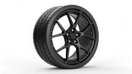Obraz premium Close-up of a black alloy wheel with a high-performance tire, featuring an aggressive tread pattern and sleek multi-spoke rim design.