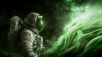 Fototapeta premium Astronaut in Green Nebula Space Exploration Cosmic Wonder Cinematic Scene