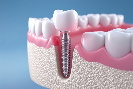 Dental implant illustration showing a titanium screw embedded in the jawbone with a crown on top. Concept of modern tooth replacement and oral care.