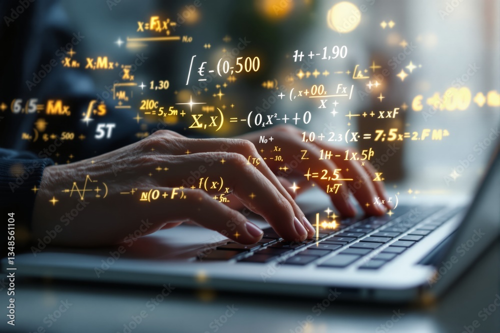 Poster Hands typing on laptop with floating mathematical formulas and equations.