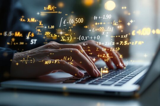 Hands typing on laptop with floating mathematical formulas and equations. - Powered by Adobe