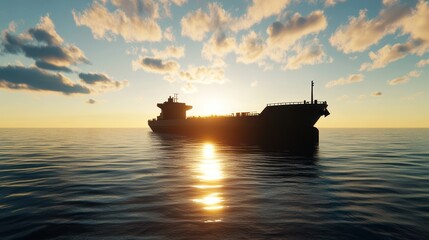 Silhouette cargo ship at sunset on the ocean