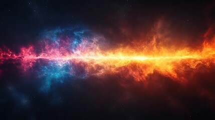 A beam of light splitting into multiple colorful dimensions against a dark cosmic background, representing the concept of quantum exploration and the vastness of the universe