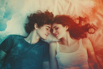 A loving couple rests comfortably and serenely in their bed