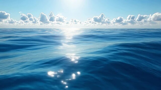 Ocean Serenity: A serene depiction of the endless ocean, mirroring the clear blue sky above, with soft clouds and the sun's radiant reflection dancing on the water's surface. 