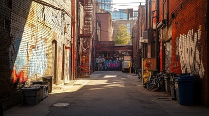 Fototapeta premium A narrow urban alleyway features brick walls and colorful graffiti art