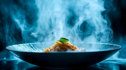 Steaming plate of gourmet pasta with fresh basil, presented in dramatic molecular gastronomy style. The ethereal smoke effect creates a futuristic and artistic fine dining experience