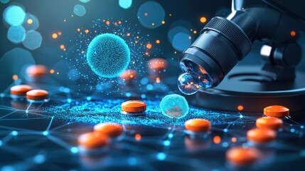 Microscope analysis of microorganisms and pharmaceuticals laboratory digital art scientific environment close-up view research concept