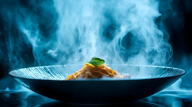 Steaming plate of gourmet pasta with fresh basil, presented in dramatic molecular gastronomy style. The ethereal smoke effect creates a futuristic and artistic fine dining experience