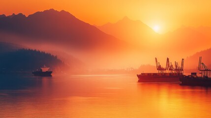 Obraz premium Sunrise over cargo ships and mountains