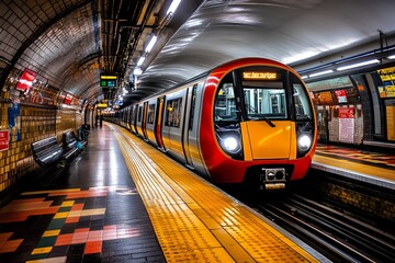 Obraz premium A modern electric train arrives at a vintage underground station platform