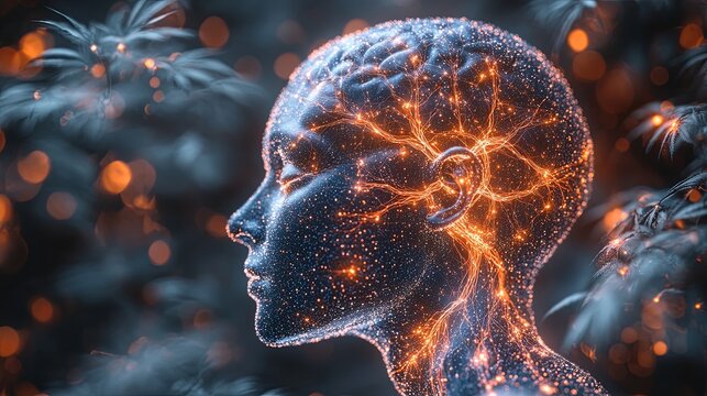  A brain silhouette with visible neural connections, glowing cannabis leaf overlay, soft focus medical background, health research concept. 