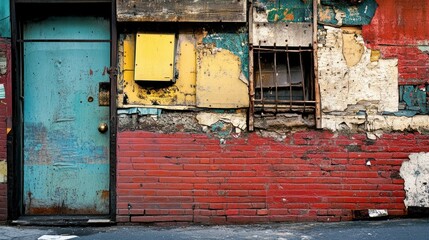 Naklejka premium A weathered and colorful facade presents rustic architectural details