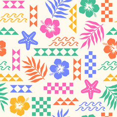Colorful hibiscus, palm leaf, starfish, wave and geometric elements seamless pattern design summer holidays background. © NTRdesign