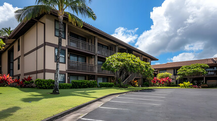 Multi Story Brown Beige Building with Black Balconies Under Blue Sky with Fluffy White Clouds Green Lawn and Red Flowers