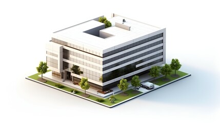 A modern office building nestled in a green urban landscape, showcasing sleek architecture and clean lines with a bright, airy feel.