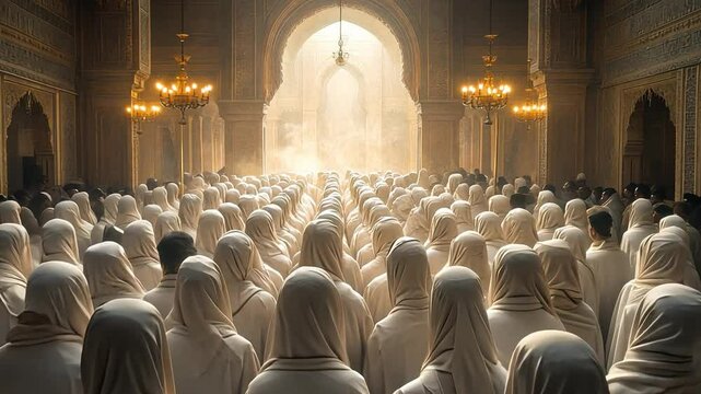 Unified Devotion: A vast gathering of people united in faith, all in white attire, filling a grand hall illuminated by soft light, radiating serenity and spiritual harmony.