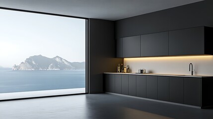 Modern kitchen interior design with large windows, ocean and mountain view