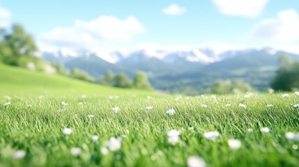 Fototapeta premium Lush green meadow, wildflowers, mountain backdrop