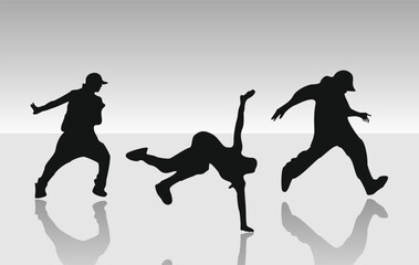 Set of dancing people silhouettes. Break dance, hip-hop street dancer on monochrome gradient background