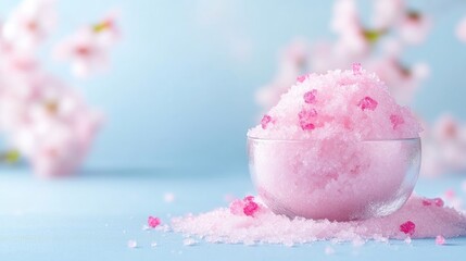 Pink bath salt in a glass bowl