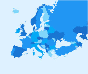 High Detail Europe map. Vibrant blue color. All elements are separated in editable layers, isolated in white background. Vector