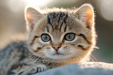 Brown tabby kitten stares intensely with captivating green eyes