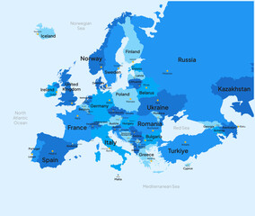 Naklejka premium Europe Color Map Illustration. Blue Map of Europe with countries and capital city. English labeling. Learning geography map Europe states. Europe Vector Map.
