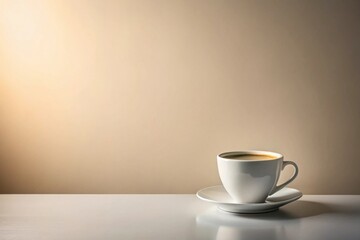 A single cup of coffee sits on a saucer, bathed in soft light against a neutral backdrop, evoking a sense of calm and quiet contemplation.