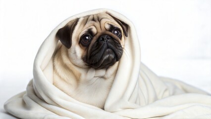 cute pug wrapped in soft blanket, cozy indoor dog portrait, warm and snug, adorable pet resting, lazy day, home comfort vibes