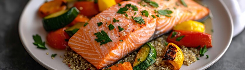 Healthy Eating for a Balanced and Heart-Friendly Diet, Deliciously plated salmon with vibrant vegetables garnished with herbs.