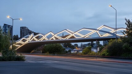 Fototapeta premium Illuminated architectural bridge spans a road with buildings in background at dusk