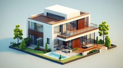 A stunning modern dream home nestled in a lush landscape, showcasing clean lines and warm wood accents under bright sunlight.