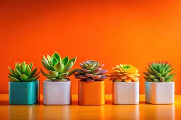 Vibrant Succulents in Colorful Pots Against a Bold Orange Background