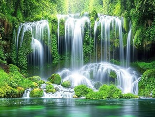 A flowing waterfall surrounded by green foliage and a calm body of water