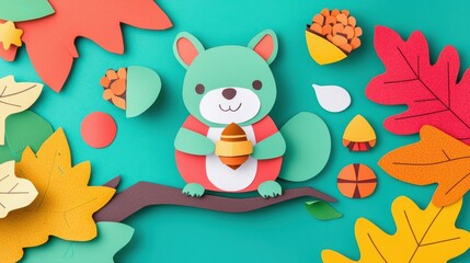 Charming squirrel holding acorn autumn leaves background paper craft art whimsical design vibrant colors playful scene