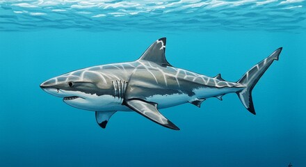 Fototapeta premium Majestic Great White Shark Underwater Painting Ocean Wildlife Art Marine Life Illustration