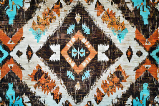 A geometric Aztec fabric texture background with bold tribal patterns in earthy tones of brown, orange, and turquoise. The intricate, symmetrical motifs evoke ancient traditions, perfect for bohemian