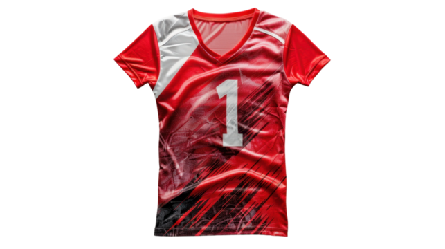 Red and white sports jersey with number one on transparent background