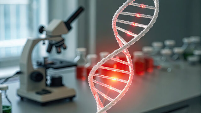 Close-up of glowing DNA double helix with red warning sign symbolizing cancer risk, set in a medical lab with test tubes and microscopes. Genetic research, health risk awareness