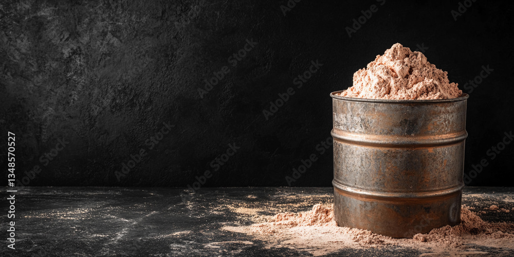 Poster uranium powder stored in a metal barrel on a dark surface generative ai