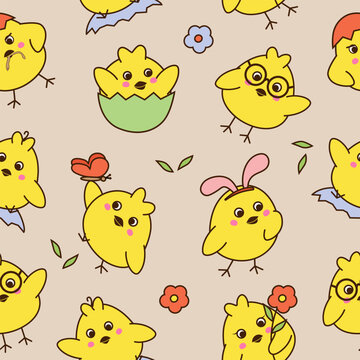 Seamless pattern with cute little chickens  on green background.