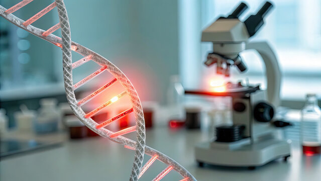 Close-up of glowing DNA double helix with red warning sign symbolizing cancer risk, set in a medical lab with test tubes and microscopes. Genetic research, health risk awareness